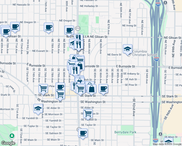 map of restaurants, bars, coffee shops, grocery stores, and more near 104 Southeast 84th Avenue in Portland