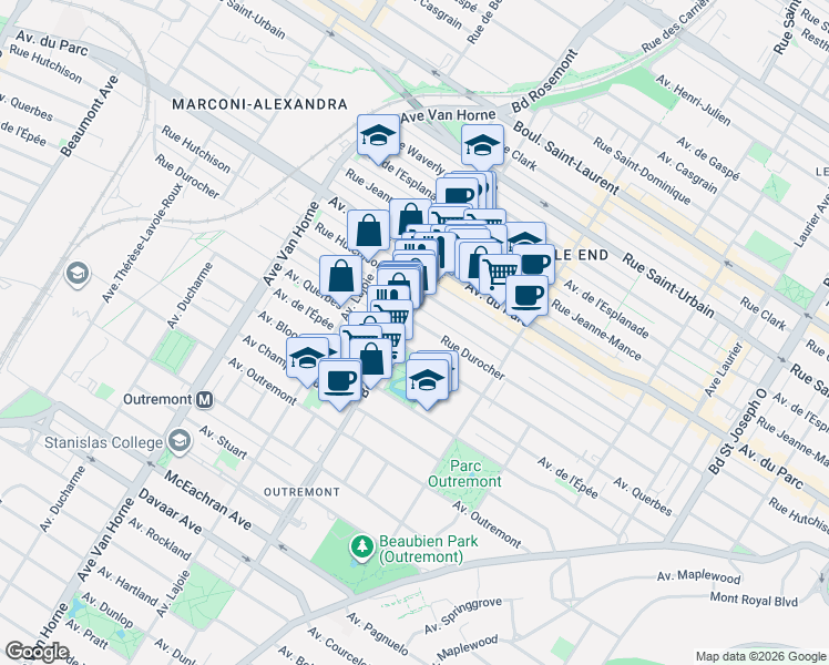 map of restaurants, bars, coffee shops, grocery stores, and more near 1060 Bernard Avenue in Montrã©Al