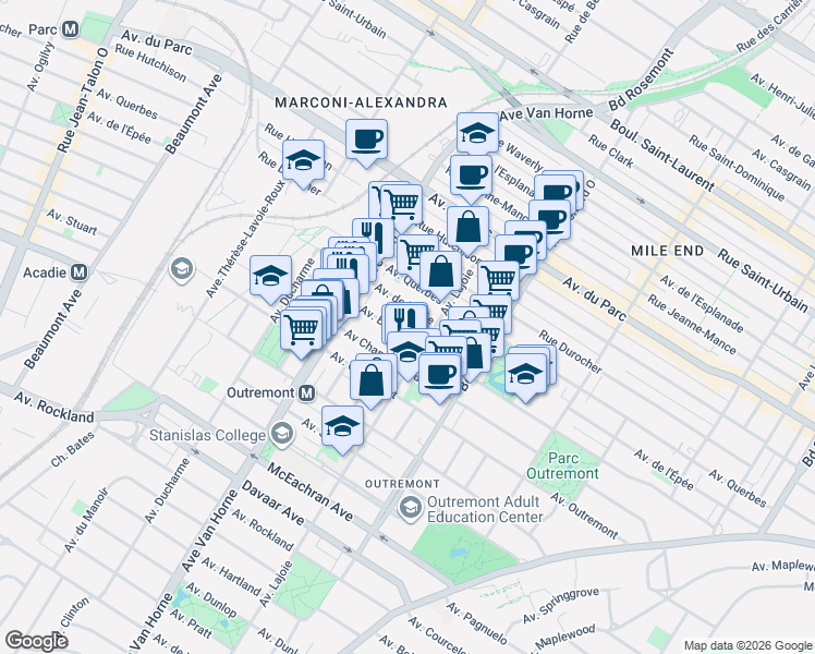 map of restaurants, bars, coffee shops, grocery stores, and more near 723 Avenue Bloomfield in Montréal