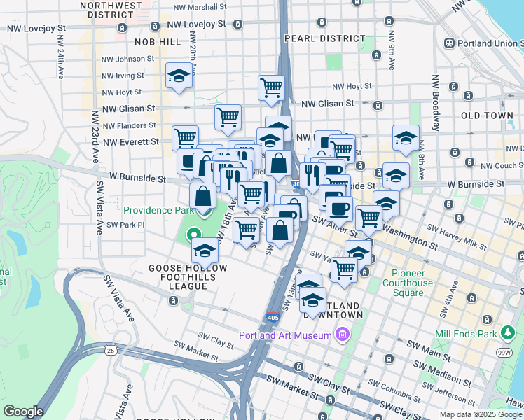 map of restaurants, bars, coffee shops, grocery stores, and more near 1621 Southwest Morrison Street in Portland