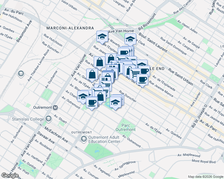 map of restaurants, bars, coffee shops, grocery stores, and more near 1064 Bernard Avenue in Montrã©Al