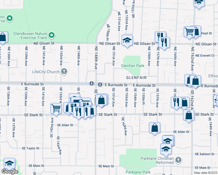 map of restaurants, bars, coffee shops, grocery stores, and more near 15000 East Burnside Street in Portland