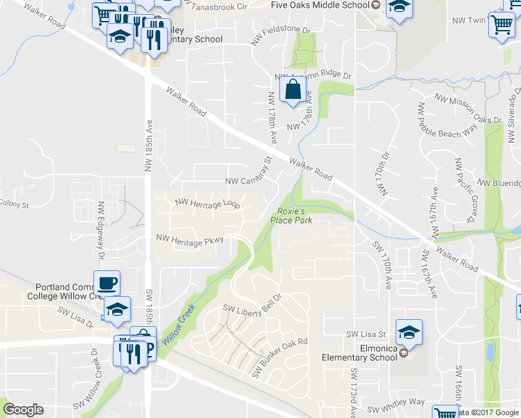 map of restaurants, bars, coffee shops, grocery stores, and more near 17811 Northwest Pioneer Road in Beaverton