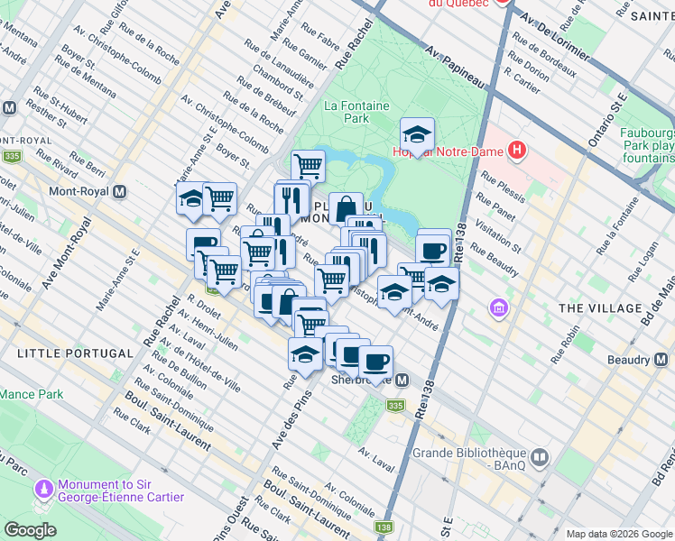 map of restaurants, bars, coffee shops, grocery stores, and more near 3850 Rue Saint-André in Montréal