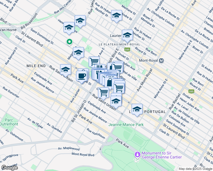 map of restaurants, bars, coffee shops, grocery stores, and more near 4821 Boulevard Saint-Laurent in Montréal