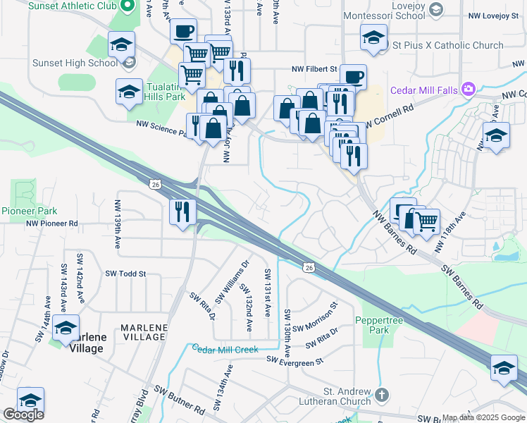 map of restaurants, bars, coffee shops, grocery stores, and more near Northwest Evensong PI in Portland