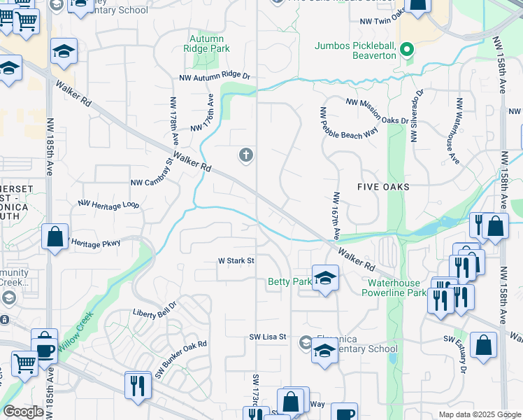 map of restaurants, bars, coffee shops, grocery stores, and more near 17260 Northwest Gables Creek Lane in Beaverton