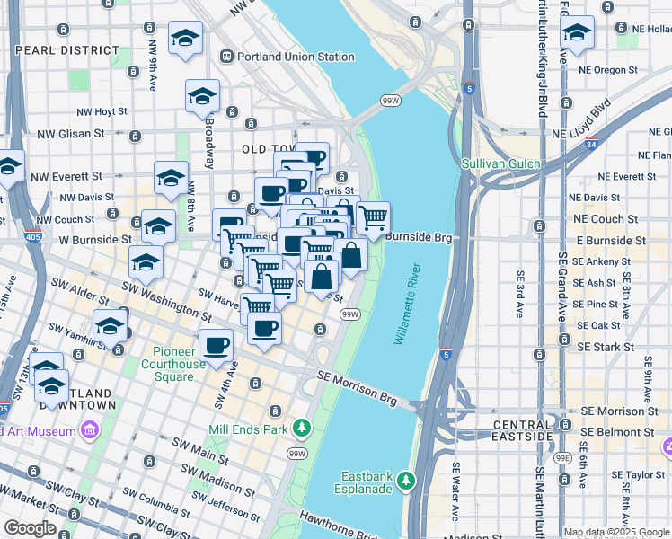 map of restaurants, bars, coffee shops, grocery stores, and more near 111 Southwest Ash Street in Portland