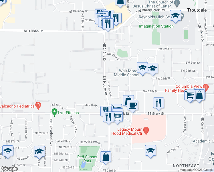 map of restaurants, bars, coffee shops, grocery stores, and more near 3501 Northeast View Avenue in Gresham