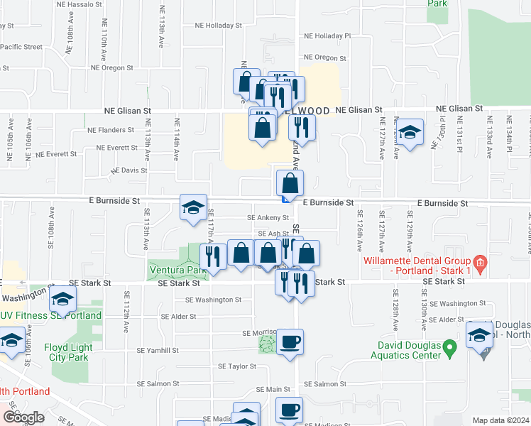 map of restaurants, bars, coffee shops, grocery stores, and more near 11933 Southeast Ankeny Street in Portland