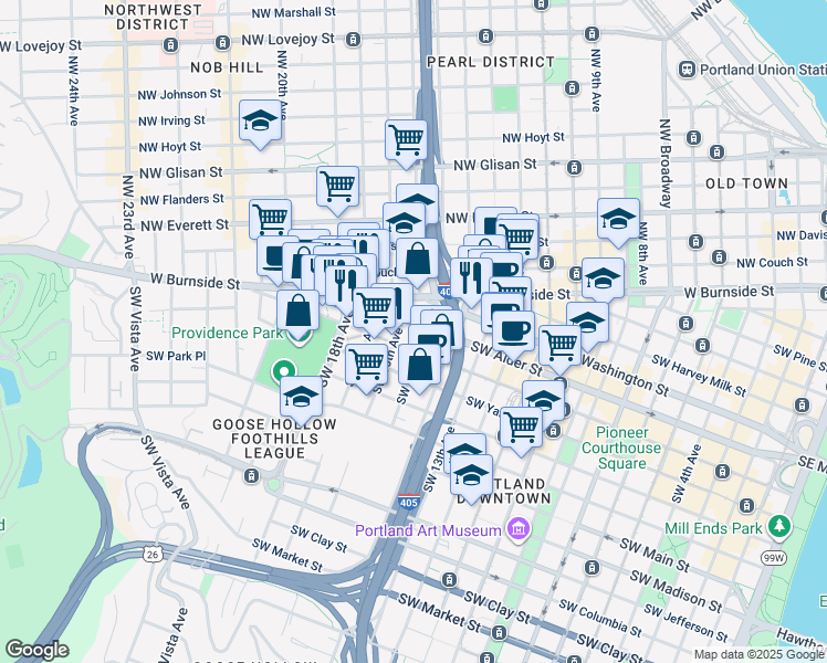 map of restaurants, bars, coffee shops, grocery stores, and more near 621 Southwest 16th Avenue in Portland