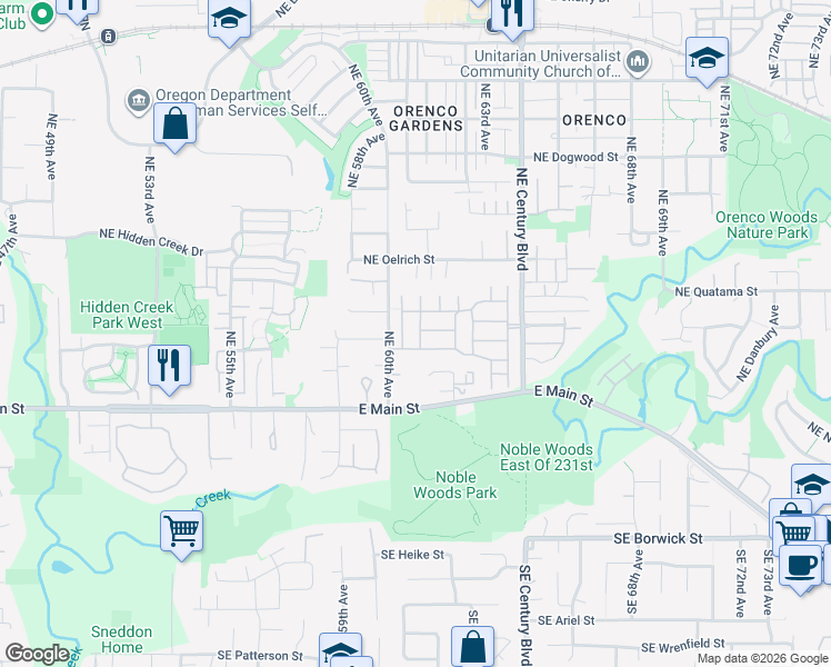 map of restaurants, bars, coffee shops, grocery stores, and more near 181 Northeast 61st Terrace in Hillsboro