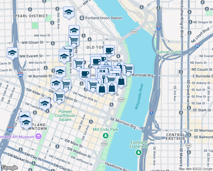 map of restaurants, bars, coffee shops, grocery stores, and more near 108 Southwest 3rd Avenue in Portland