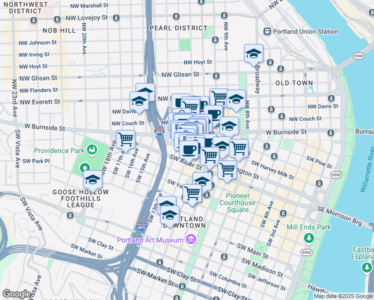 map of restaurants, bars, coffee shops, grocery stores, and more near 1223 Southwest Washington Street in Portland