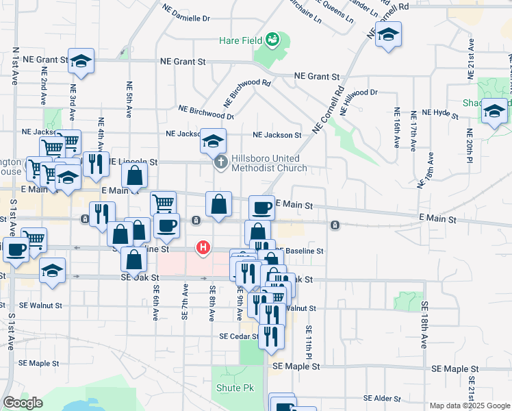 map of restaurants, bars, coffee shops, grocery stores, and more near 944 East Main Street in Hillsboro