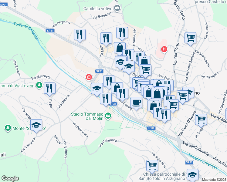 map of restaurants, bars, coffee shops, grocery stores, and more near 7 Via Solferino in Arzignano