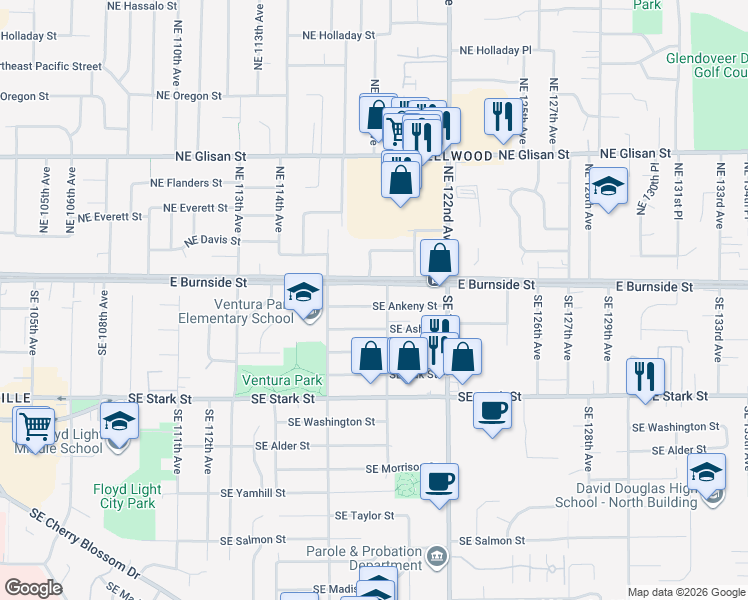map of restaurants, bars, coffee shops, grocery stores, and more near 11837 Southeast Ankeny Street in Portland