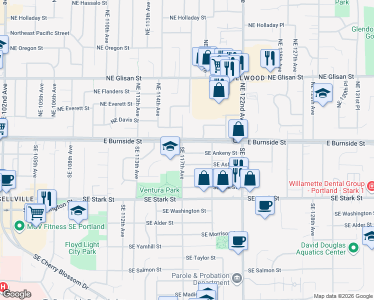 map of restaurants, bars, coffee shops, grocery stores, and more near 11715 Southeast Ankeny Street in Portland