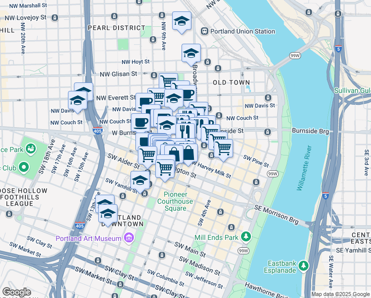 map of restaurants, bars, coffee shops, grocery stores, and more near 710 Southwest Oak Street in Portland