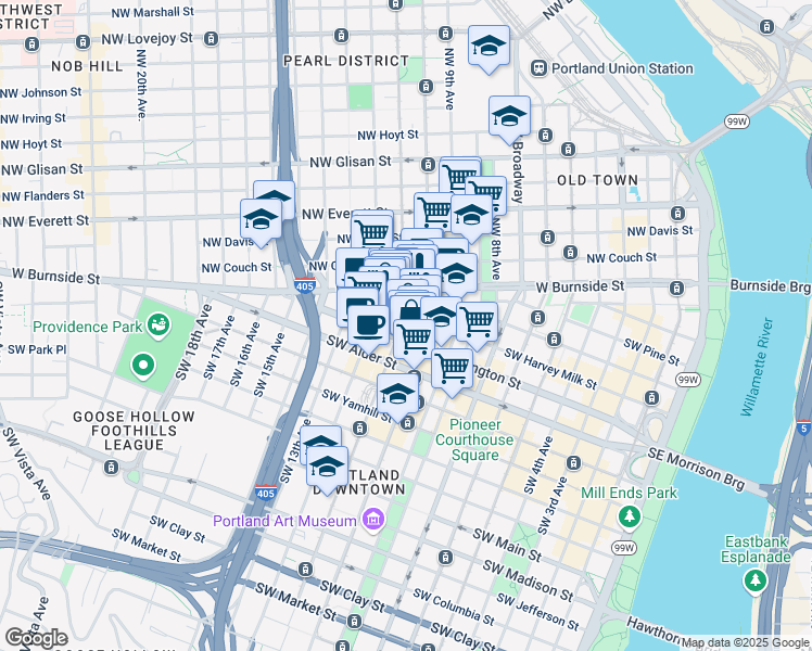 map of restaurants, bars, coffee shops, grocery stores, and more near 416 Southwest 11th Avenue in Portland