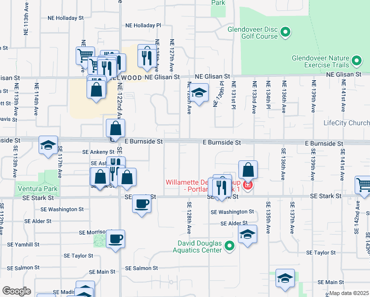map of restaurants, bars, coffee shops, grocery stores, and more near 12702 East Burnside Street in Portland