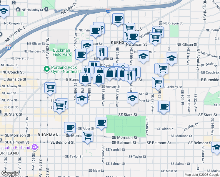 map of restaurants, bars, coffee shops, grocery stores, and more near 2042 Southeast Ankeny Street in Portland
