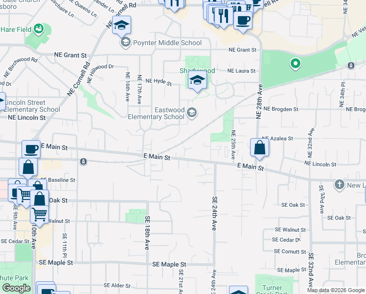 map of restaurants, bars, coffee shops, grocery stores, and more near 2099 East Main Street in Hillsboro