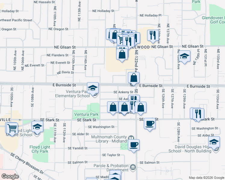 map of restaurants, bars, coffee shops, grocery stores, and more near 11825 Southeast Ankeny Street in Portland