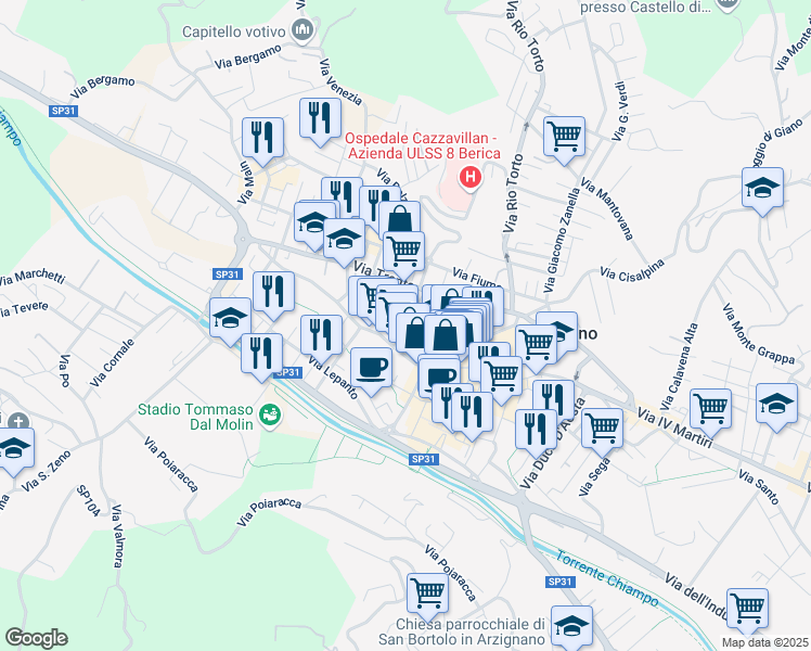 map of restaurants, bars, coffee shops, grocery stores, and more near 19 Via Trieste in Arzignano