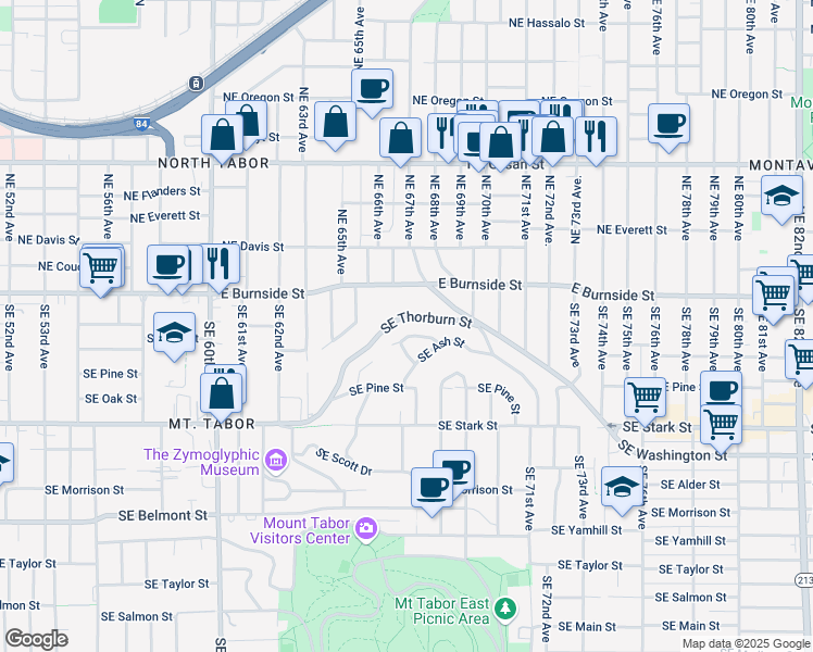 map of restaurants, bars, coffee shops, grocery stores, and more near 6605 Southeast Ash Place in Portland
