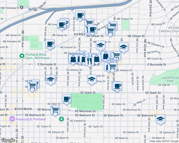 map of restaurants, bars, coffee shops, grocery stores, and more near 2342 Southeast Ankeny Street in Portland