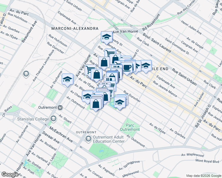 map of restaurants, bars, coffee shops, grocery stores, and more near in Montreal