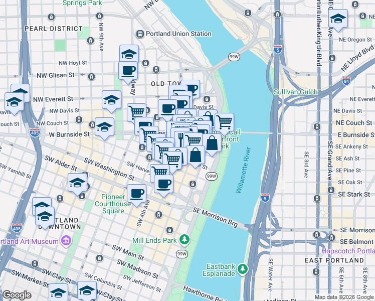 map of restaurants, bars, coffee shops, grocery stores, and more near 230 Southwest Ash Street in Portland