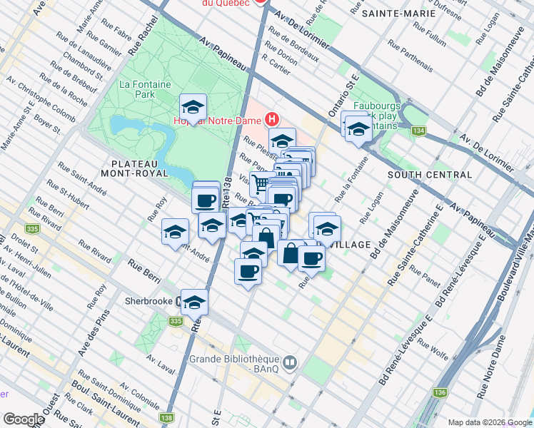 map of restaurants, bars, coffee shops, grocery stores, and more near 2061 Rue Beaudry in Montréal