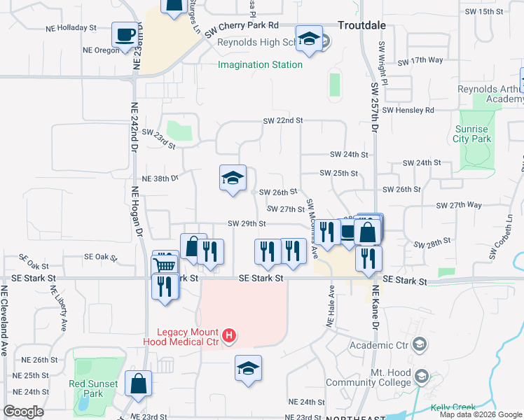 map of restaurants, bars, coffee shops, grocery stores, and more near 2834 Southwest Lucas Avenue in Troutdale