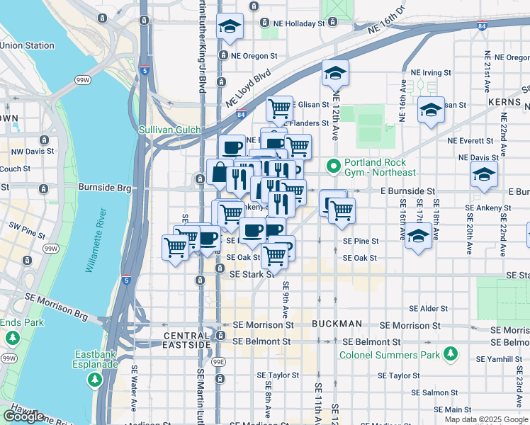 map of restaurants, bars, coffee shops, grocery stores, and more near 734-736 Southeast Ankeny Street in Portland
