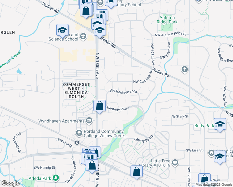 map of restaurants, bars, coffee shops, grocery stores, and more near 293 Northwest 182nd Avenue in Aloha