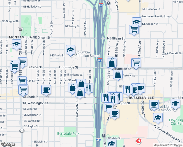 map of restaurants, bars, coffee shops, grocery stores, and more near 44 Southeast 94th Avenue in Portland