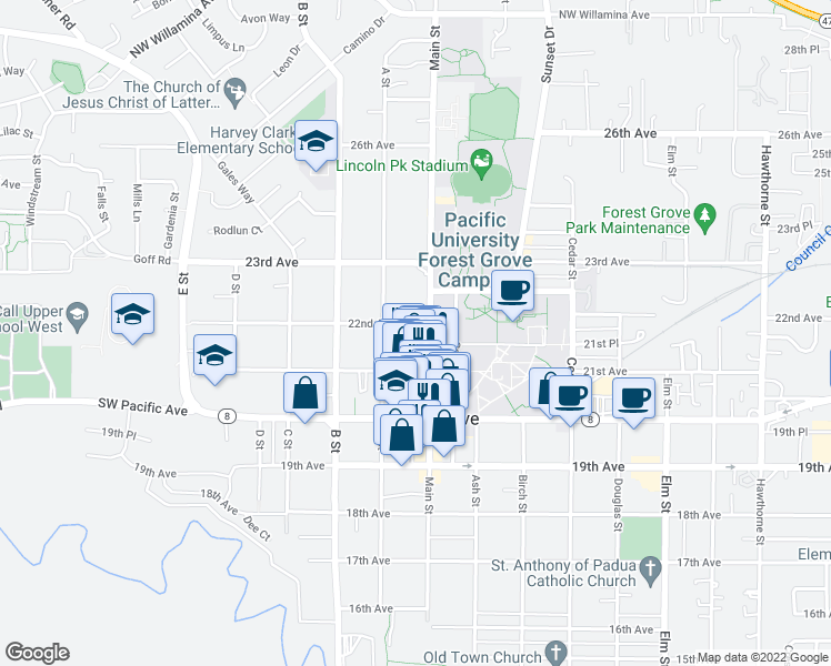 map of restaurants, bars, coffee shops, grocery stores, and more near 2134 Main Street in Forest Grove