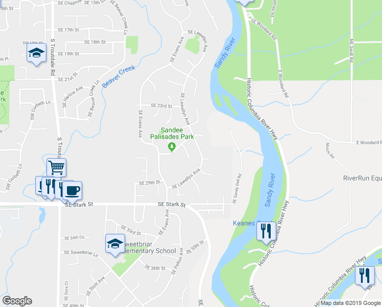 map of restaurants, bars, coffee shops, grocery stores, and more near 2642 Southeast Hicklin Court in Troutdale