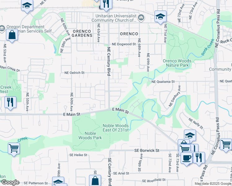 map of restaurants, bars, coffee shops, grocery stores, and more near 6502 Northeast Deer Run Street in Hillsboro