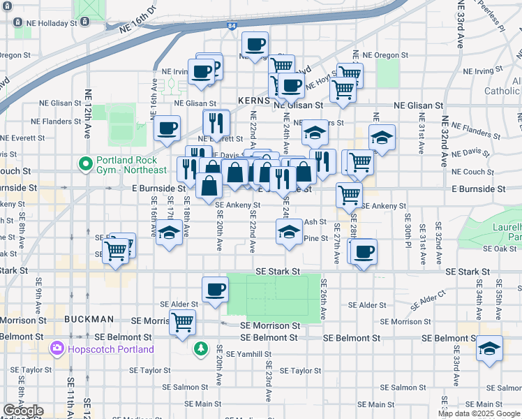 map of restaurants, bars, coffee shops, grocery stores, and more near 2222-2224 Southeast Ankeny Street in Portland
