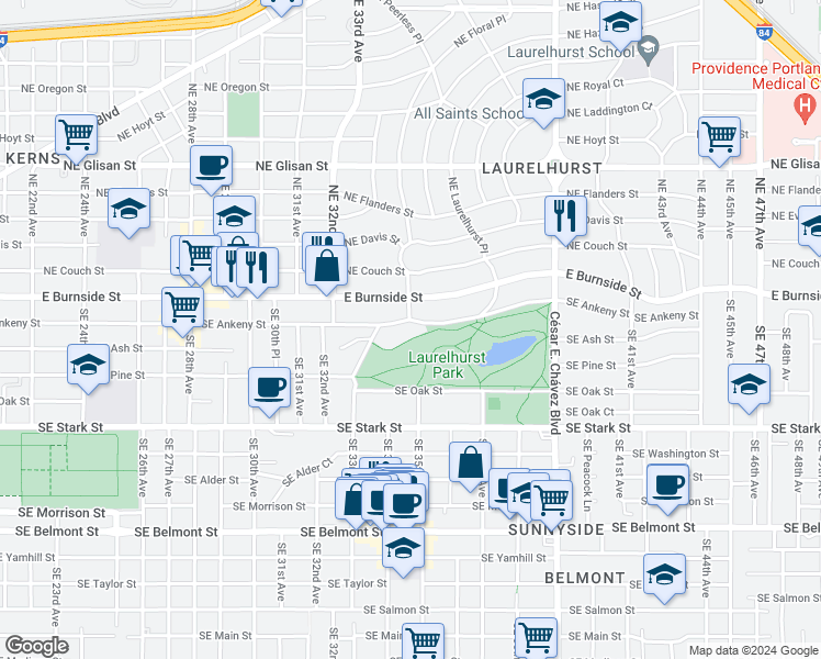 map of restaurants, bars, coffee shops, grocery stores, and more near 3360 Southeast Ankeny Street in Portland