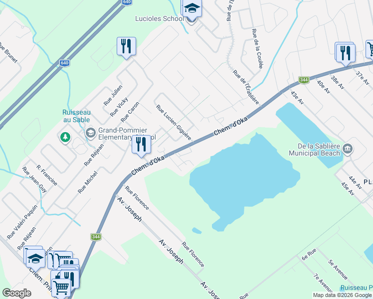 map of restaurants, bars, coffee shops, grocery stores, and more near 3474 Chemin d'Oka in Laurentides