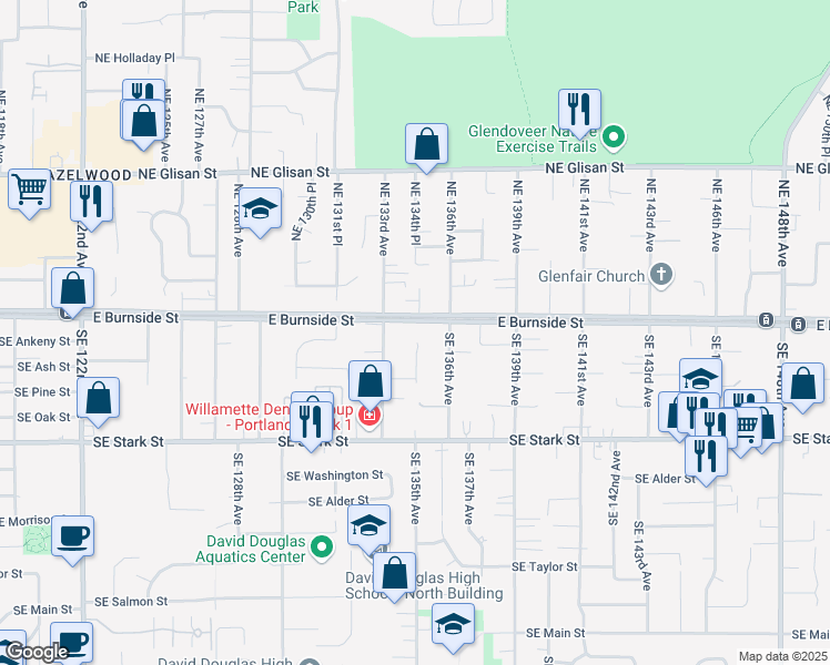 map of restaurants, bars, coffee shops, grocery stores, and more near 13452 East Burnside Street in Portland