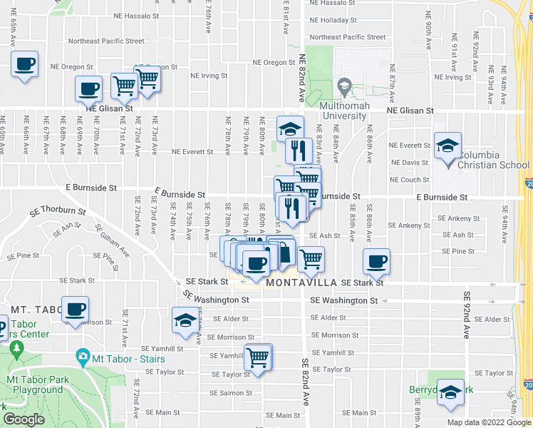 map of restaurants, bars, coffee shops, grocery stores, and more near 101 Southeast 80th Avenue in Portland