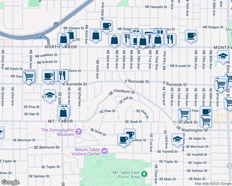 map of restaurants, bars, coffee shops, grocery stores, and more near 6605 Southeast Ash Place in Portland