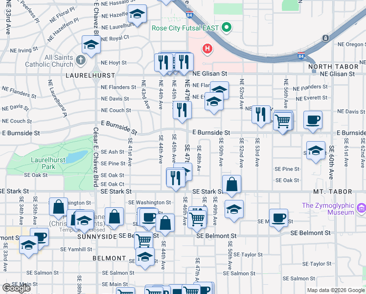 map of restaurants, bars, coffee shops, grocery stores, and more near 126 Southeast 45th Avenue in Portland