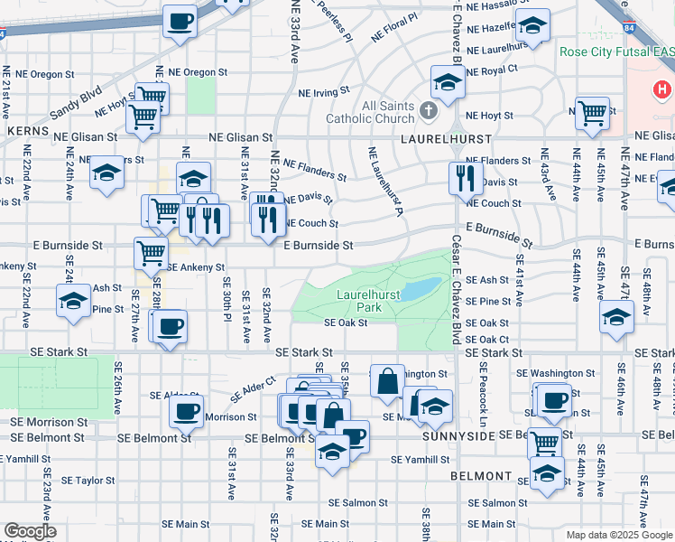 map of restaurants, bars, coffee shops, grocery stores, and more near 3427 Southeast Ankeny Street in Portland