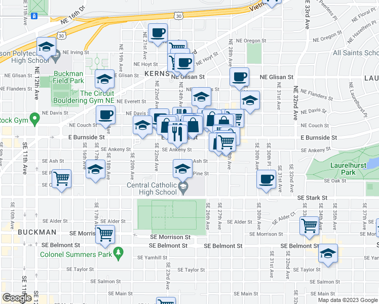 map of restaurants, bars, coffee shops, grocery stores, and more near 2514 Southeast Ankeny Street in Portland